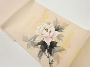 作家物　塩瀬手描き牡丹模様開き名古屋帯（額縁仕立て）